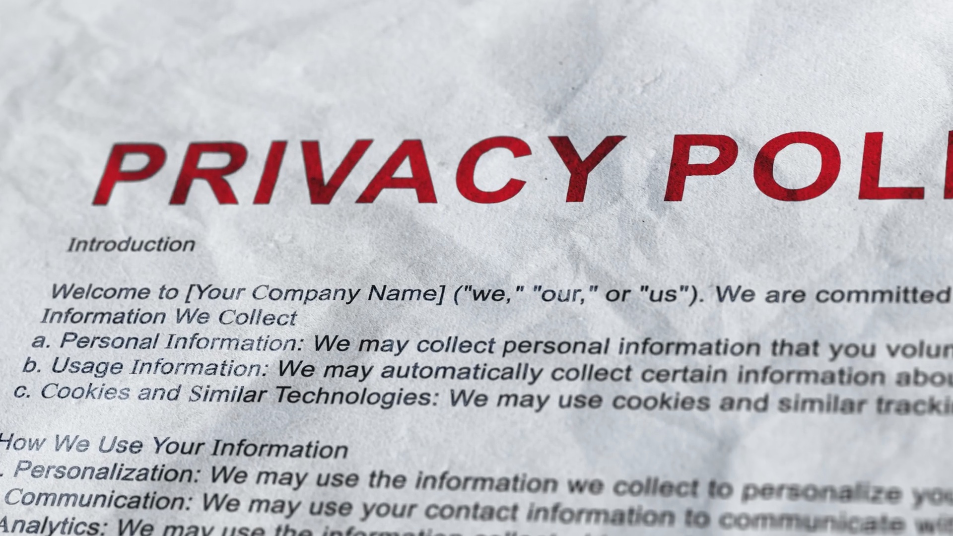 Privacy policy on a piece of paper.