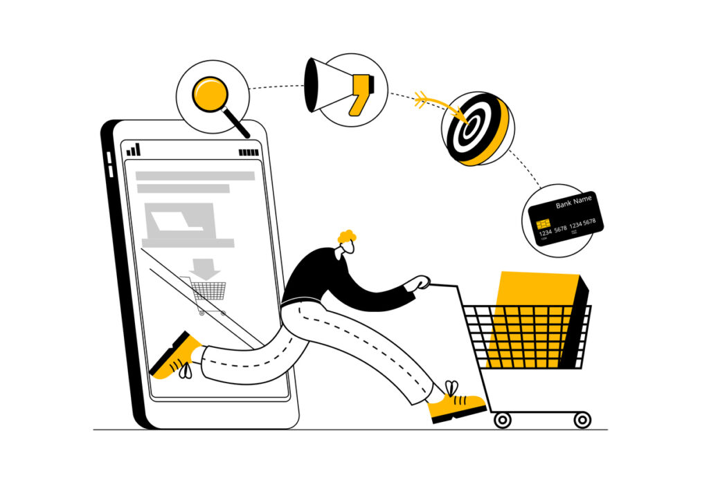 An illustration of a man pushing a shopping cart on a smartphone.