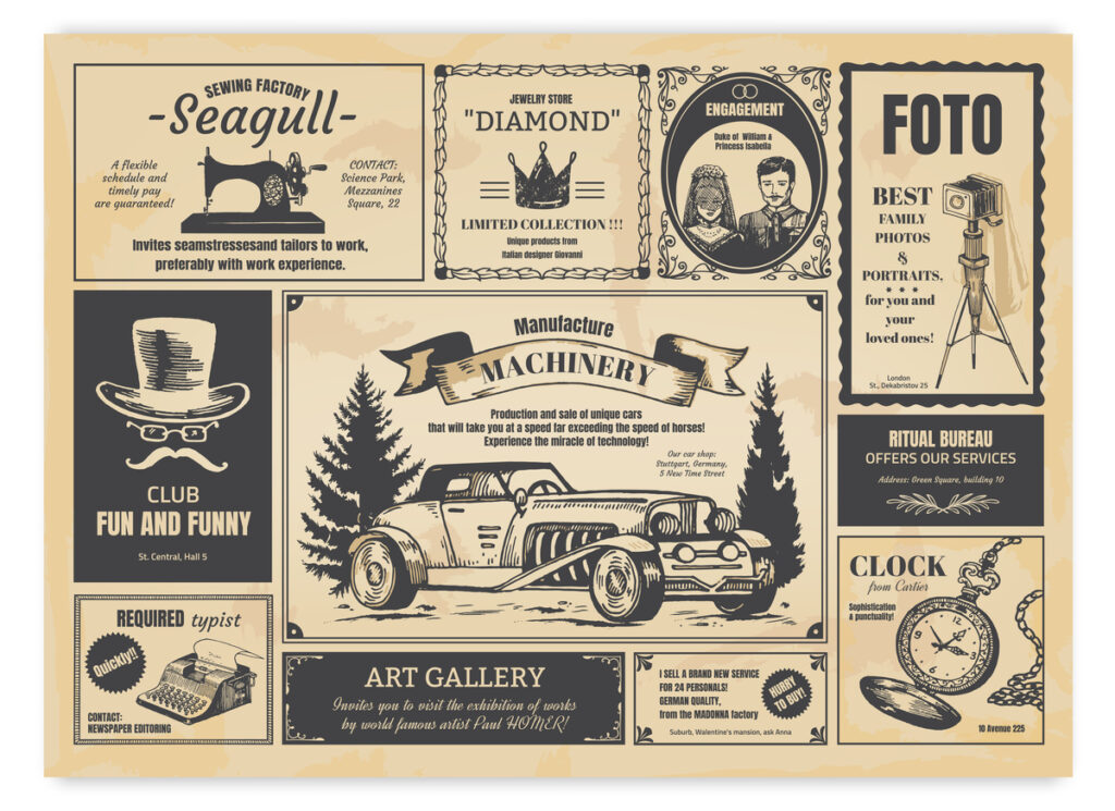 A collection of vintage advertisements on a beige background.