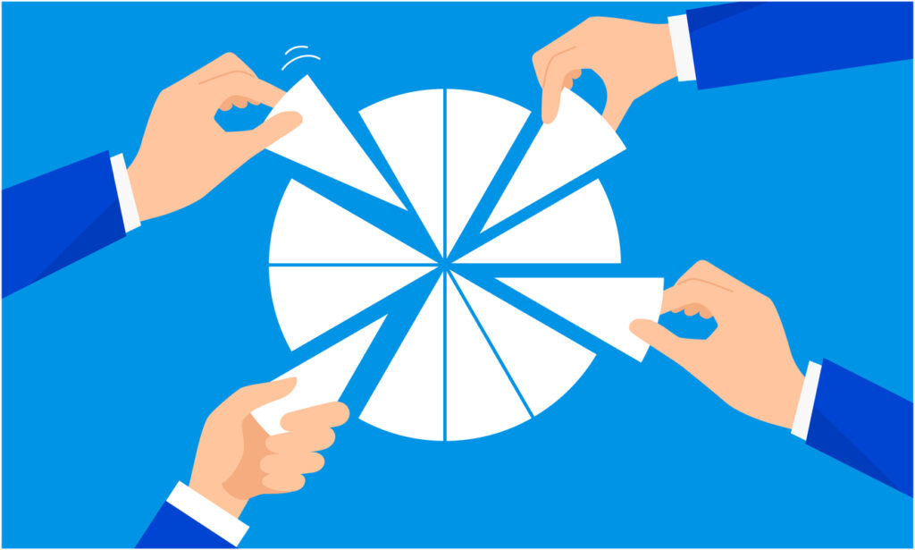 A group of hands holding a pie chart on a blue background.
