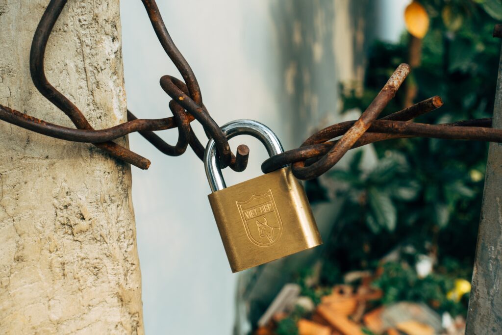 A padlock is attached to a fence.