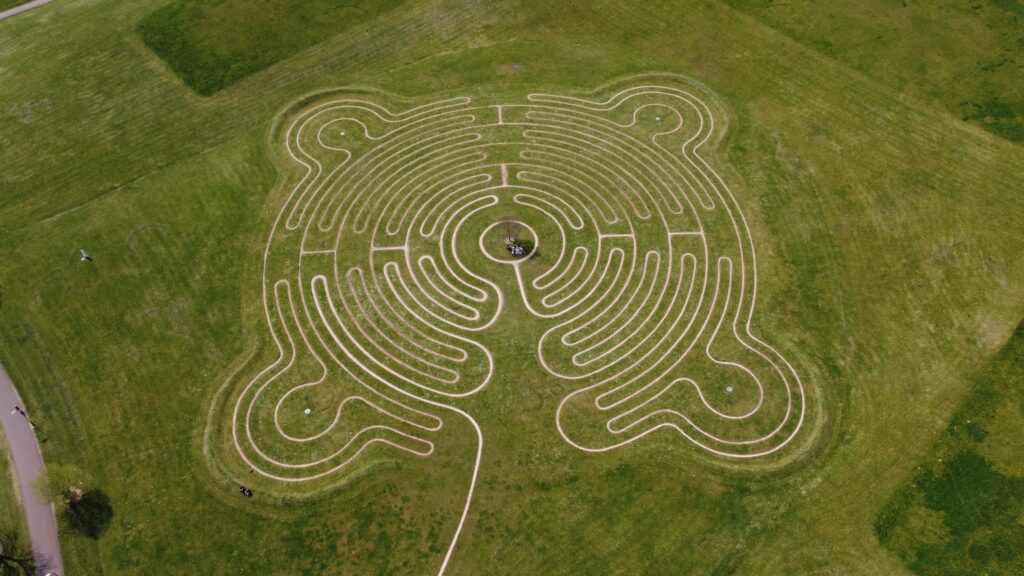 An aerial view of a labyrinth in a grassy field. Multi-Channel Analytics.