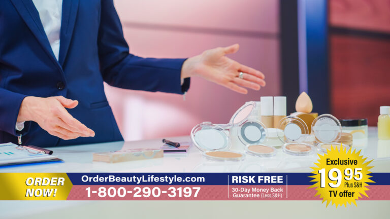 A woman in a business suit is standing in front of cosmetic products, bridging the gap between online and offline marketing attribution.
