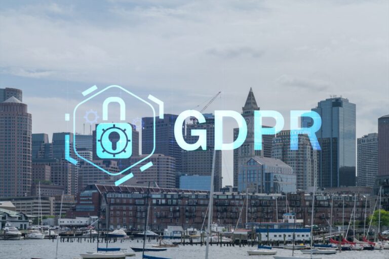 The GDPR logo showcased by a city skyline.